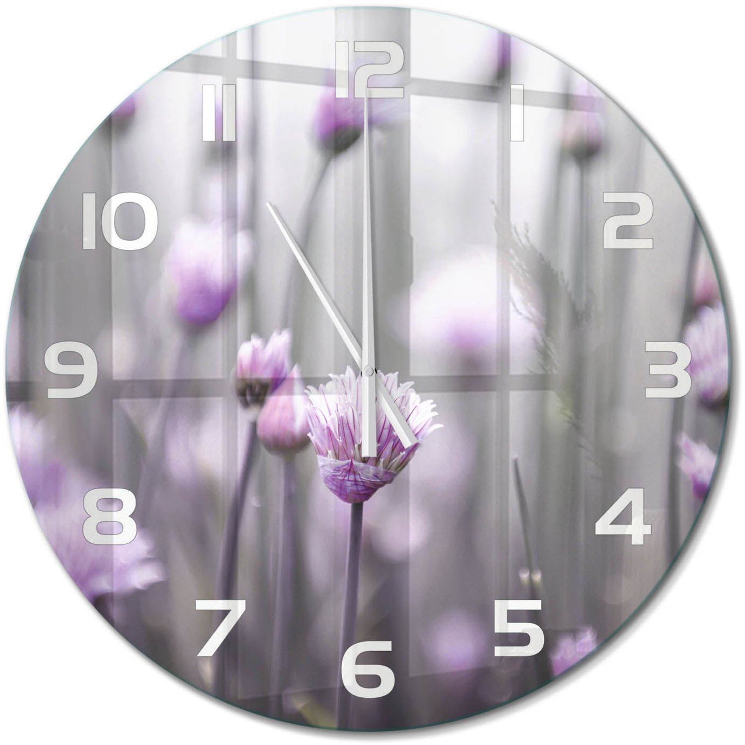 TULUP Wandklok - Bieslookbloemen Glazen Klok Met Print - fi60 cm - Paars Wandklok Glas Met Motief - Witte handen - Ronde Klok - Wandklok Glas Decoratie - Gekleurde Glazen Klok
