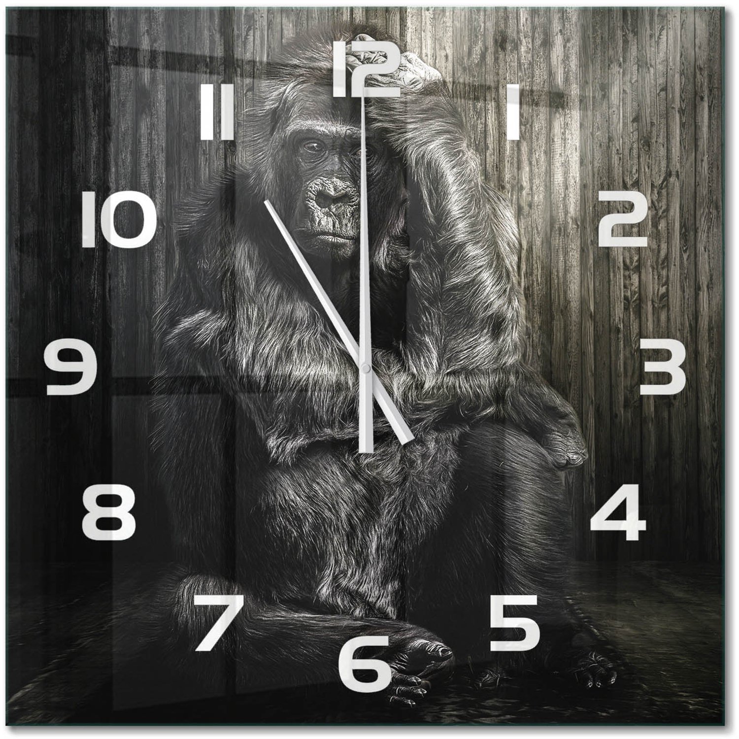 TULUP Wandklok - Gorilla Gekleurde Glazen Klok - 60x60 cm - Zwart Glazen Klok Met Print - Witte handen - Vierkante Klok - Moderne Wandklok Glas - Wandklok Glas Decoratie