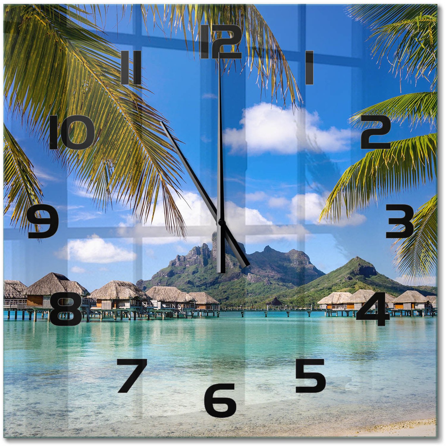 TULUP Wandklok - Palmbomen in Bora Bora Wandklok Glas Met Motief - 60x60 cm - Veelkleurig Decoratieve Glazen Klok - Zwarte handen - Vierkante Klok - Gekleurde Glazen Klok - Glazen Klok Met Print