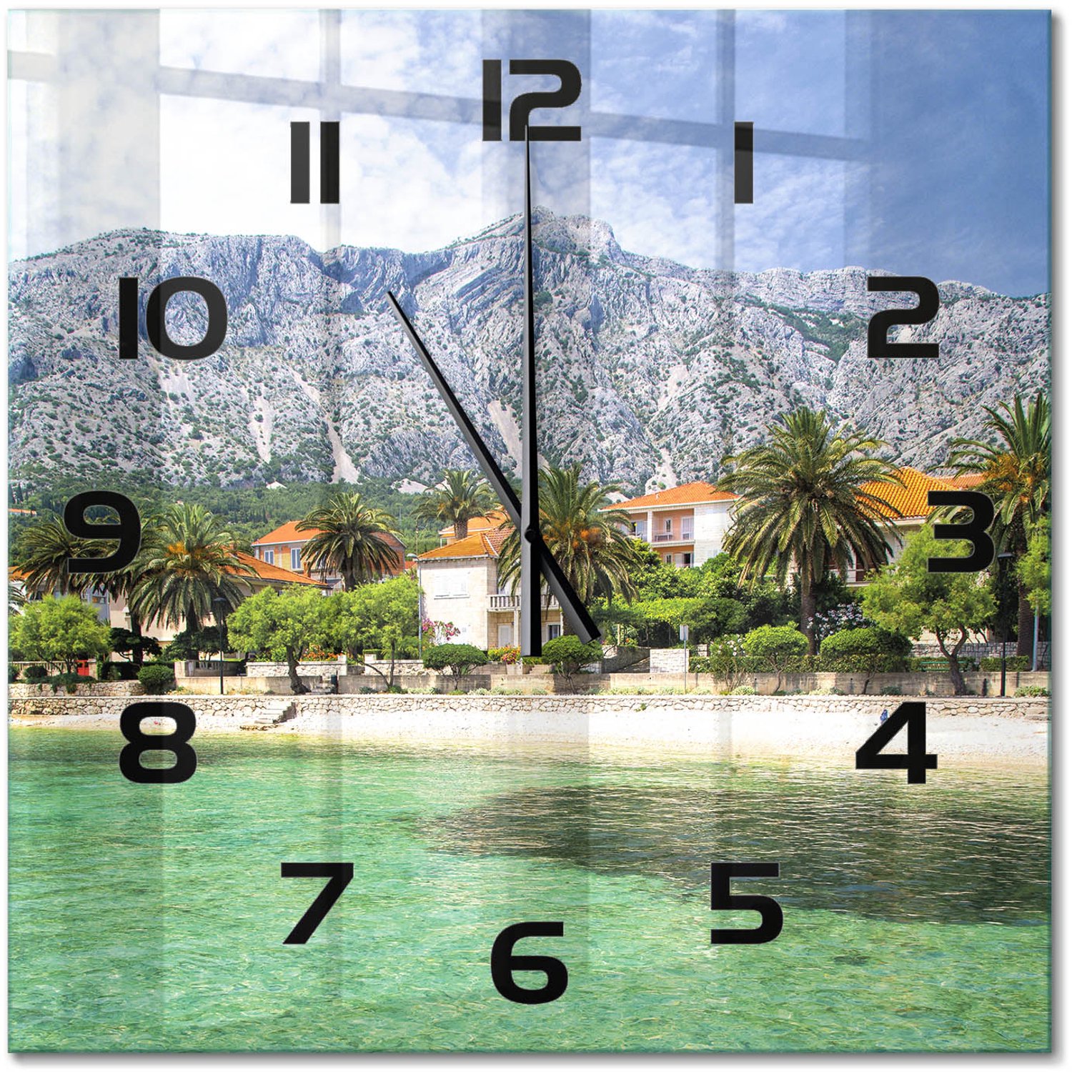 TULUP Wandklok - Strand in Kroatië Decoratieve Glazen Klok - 60x60 cm - Groente Glazen Wandklok Design - Zwarte handen - Vierkante Klok - Glazen Klok Met Print - Wandklok Glas Met Motief