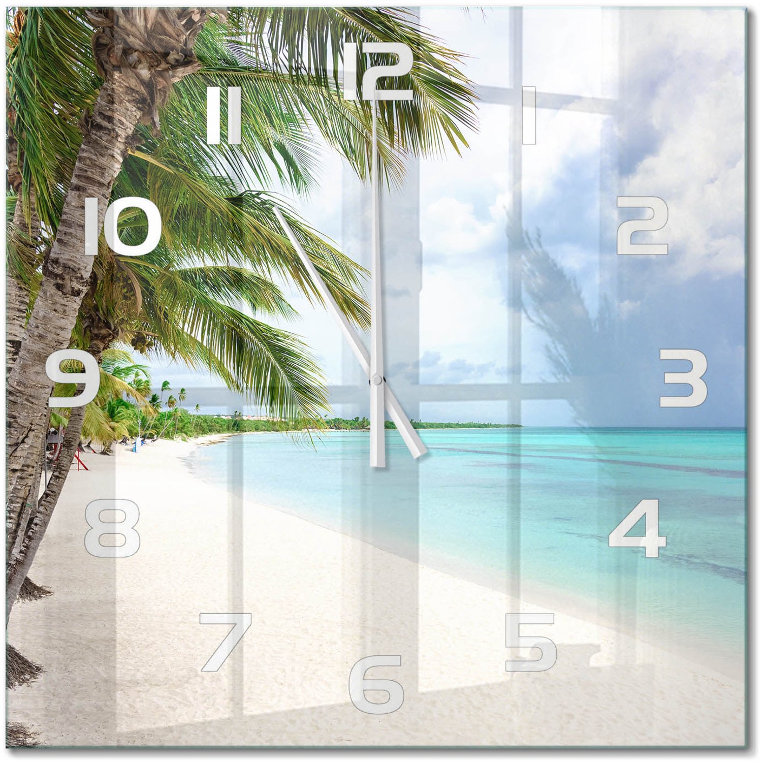 TULUP Wandklok - Tropisch strand Glazen Wandklok Design - 60x60 cm - Groente Klok Glas Met Opdruk - Witte handen - Vierkante Klok - Wandklok Glas Met Motief - Decoratieve Glazen Klok
