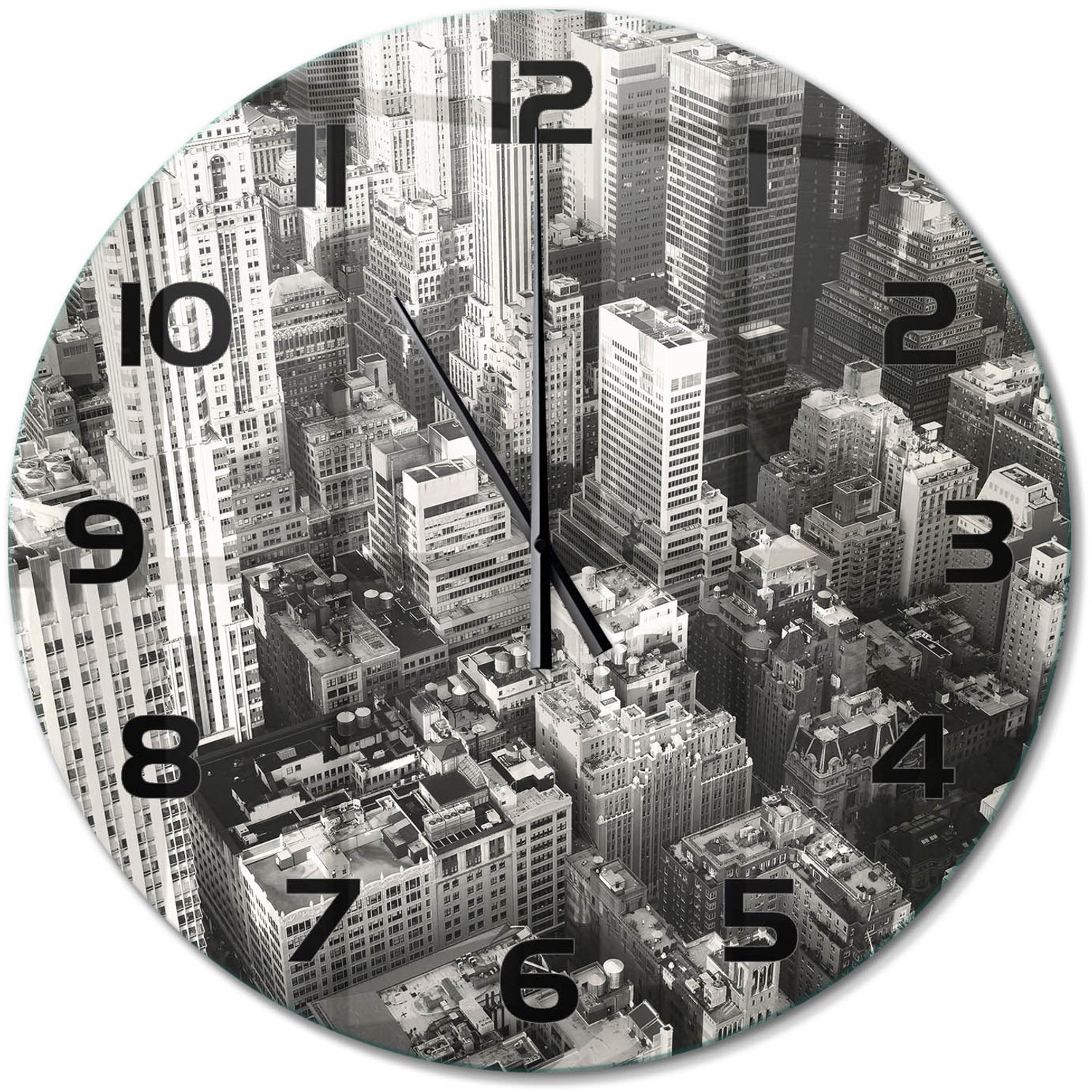 TULUP Wandklok - Vogelsvlucht in New York Wandklok Glas Decoratie - fi60 cm - Zwart-wit Gekleurde Glazen Klok - Zwarte handen - Ronde Klok - Klok Glas Met Opdruk - Moderne Wandklok Glas