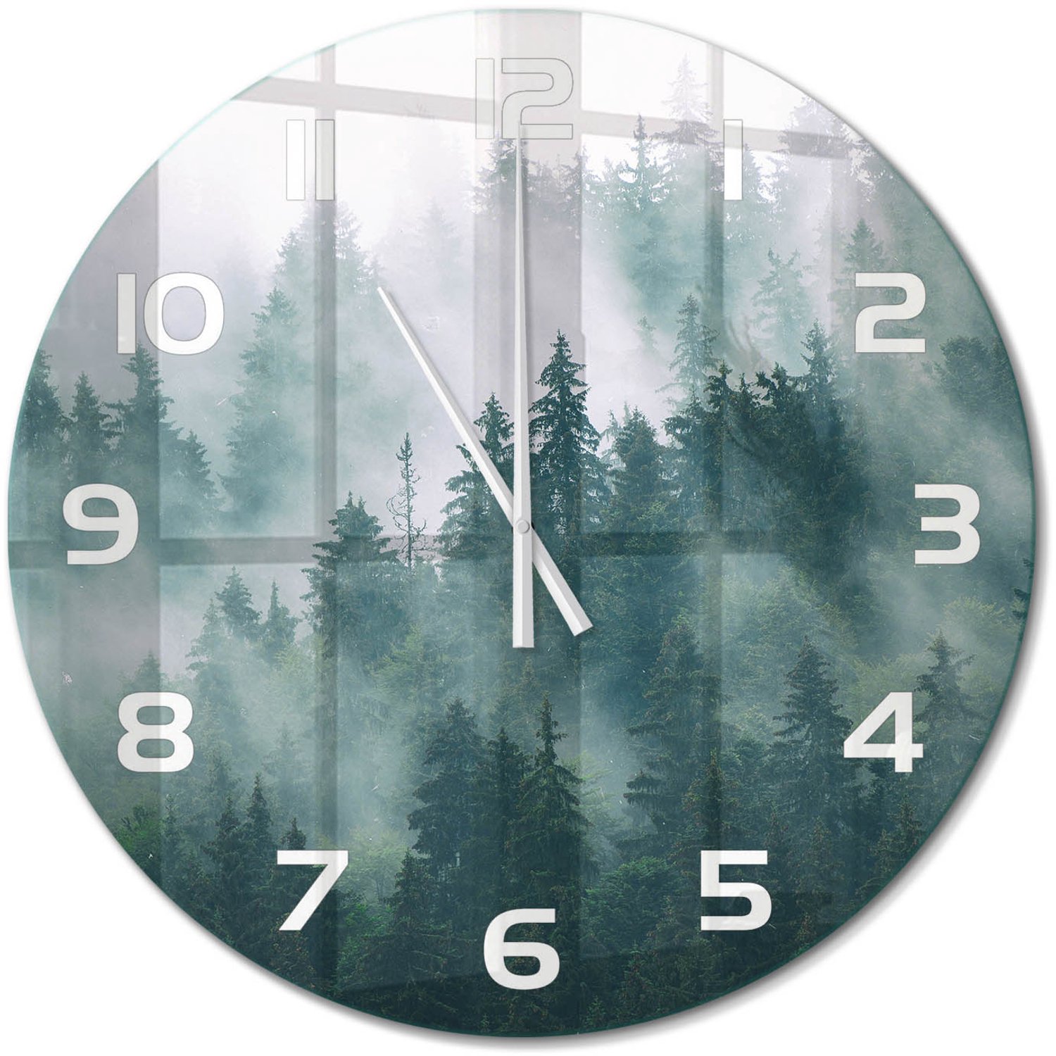 TULUP Wandklok - Mist boven het bos Moderne Wandklok Glas - fi60 cm - Grijs Wandklok Glas Decoratie - Witte handen - Ronde Klok - Glazen Wandklok Design - Klok Glas Met Opdruk