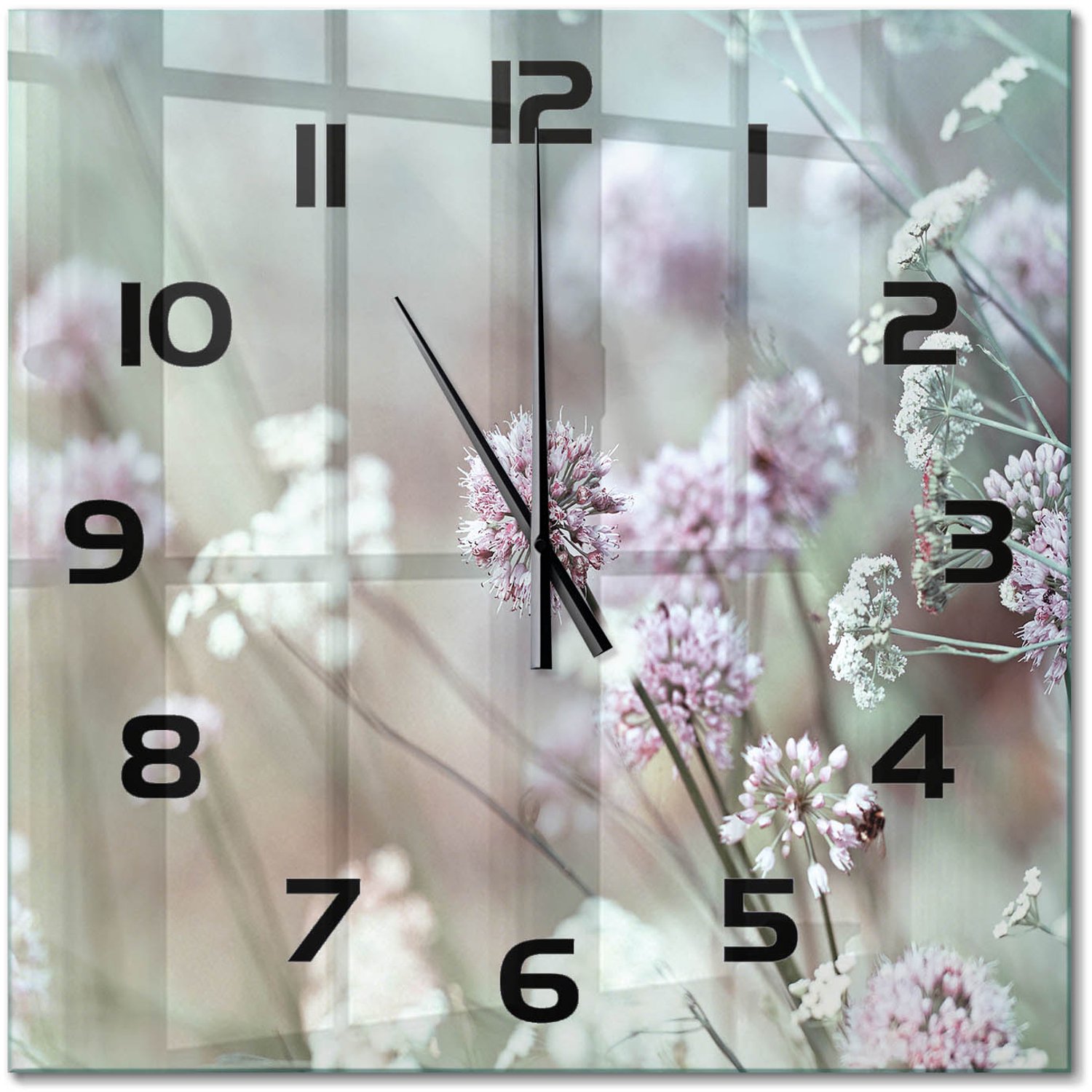 TULUP Wandklok - Wilde bloemen Glazen Klok Met Print - 60x60 cm - Wit Wandklok Glas Met Motief - Zwarte handen - Vierkante Klok - Wandklok Glas Decoratie - Gekleurde Glazen Klok