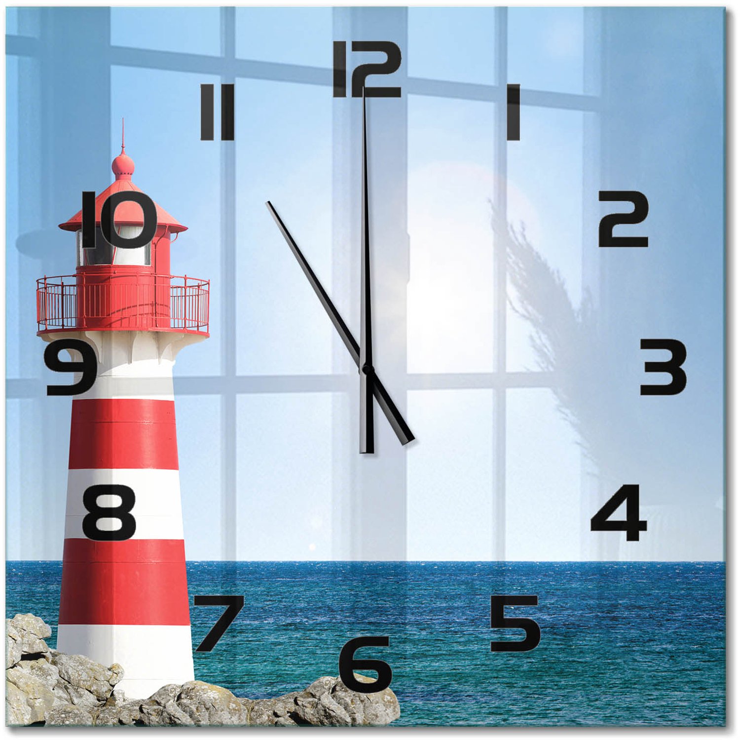 TULUP Wandklok - Vuurtoren Klok Glas Met Opdruk - 60x60 cm - Rood Moderne Wandklok Glas - Zwarte handen - Vierkante Klok - Decoratieve Glazen Klok - Glazen Wandklok Design
