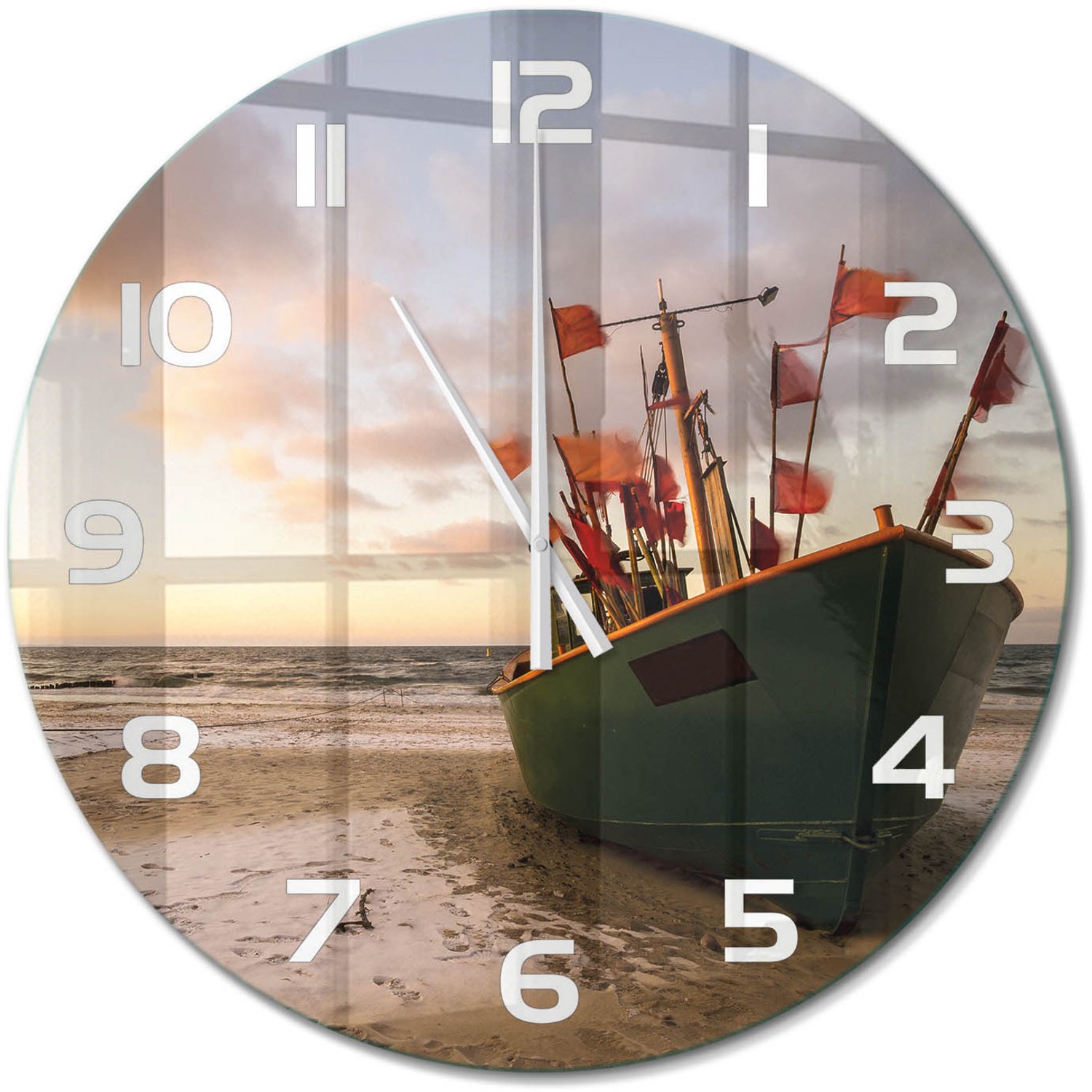 TULUP Wandklok - Strand met vissersboten Klok Glas Met Opdruk - fi60 cm - Groente Moderne Wandklok Glas - Witte handen - Ronde Klok - Decoratieve Glazen Klok - Glazen Wandklok Design