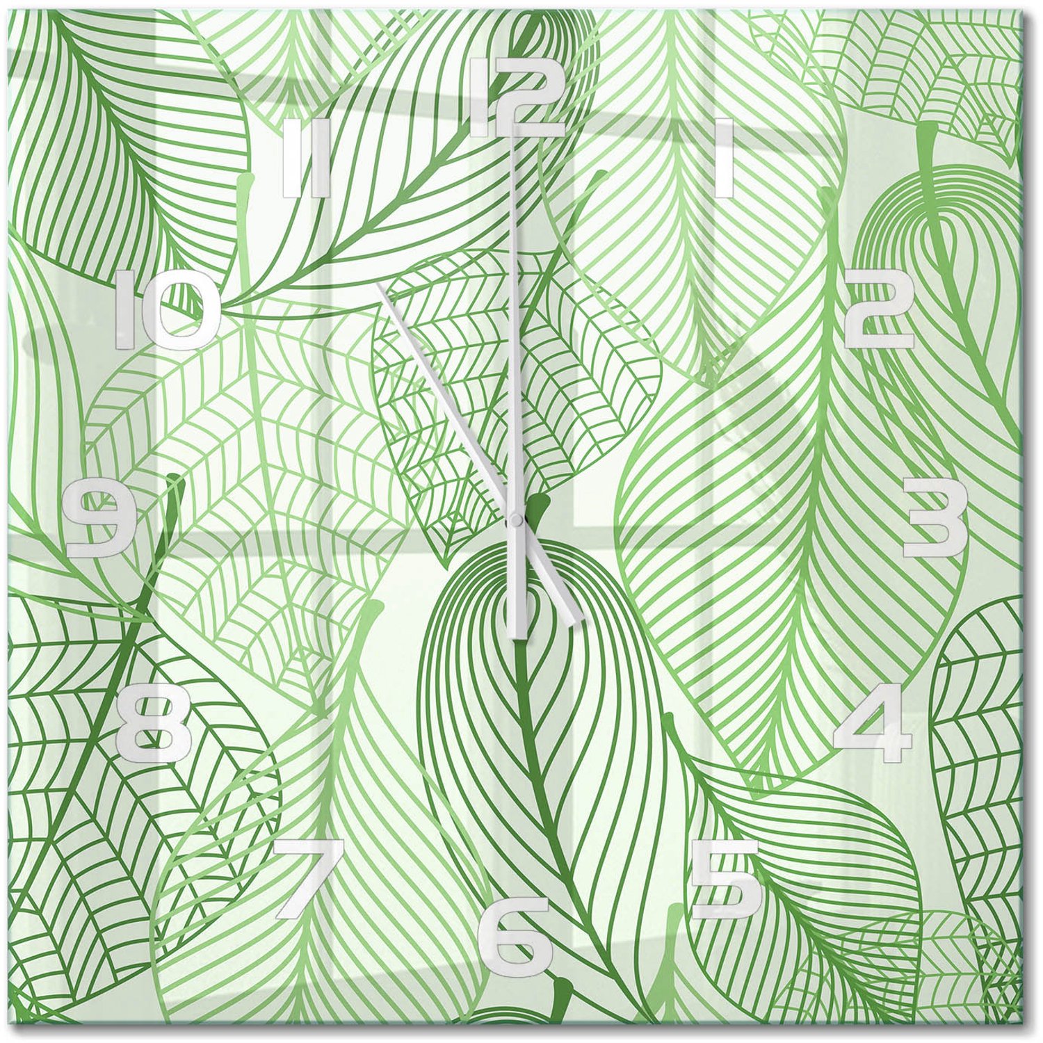TULUP Wandklok - Bladpatroon Glazen Wandklok Design - 60x60 cm - Groente Klok Glas Met Opdruk - Witte handen - Vierkante Klok - Wandklok Glas Met Motief - Decoratieve Glazen Klok