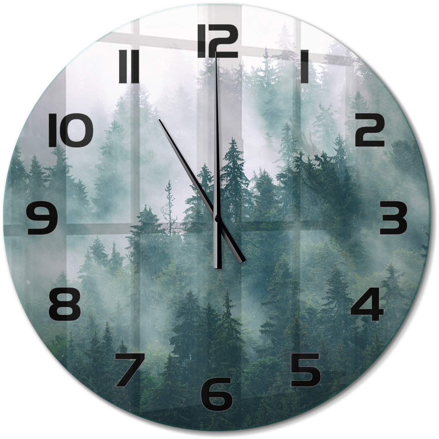 TULUP Wandklok - Mist boven het bos Glazen Klok Met Print - fi60 cm - Grijs Wandklok Glas Met Motief - Zwarte handen - Ronde Klok - Wandklok Glas Decoratie - Gekleurde Glazen Klok
