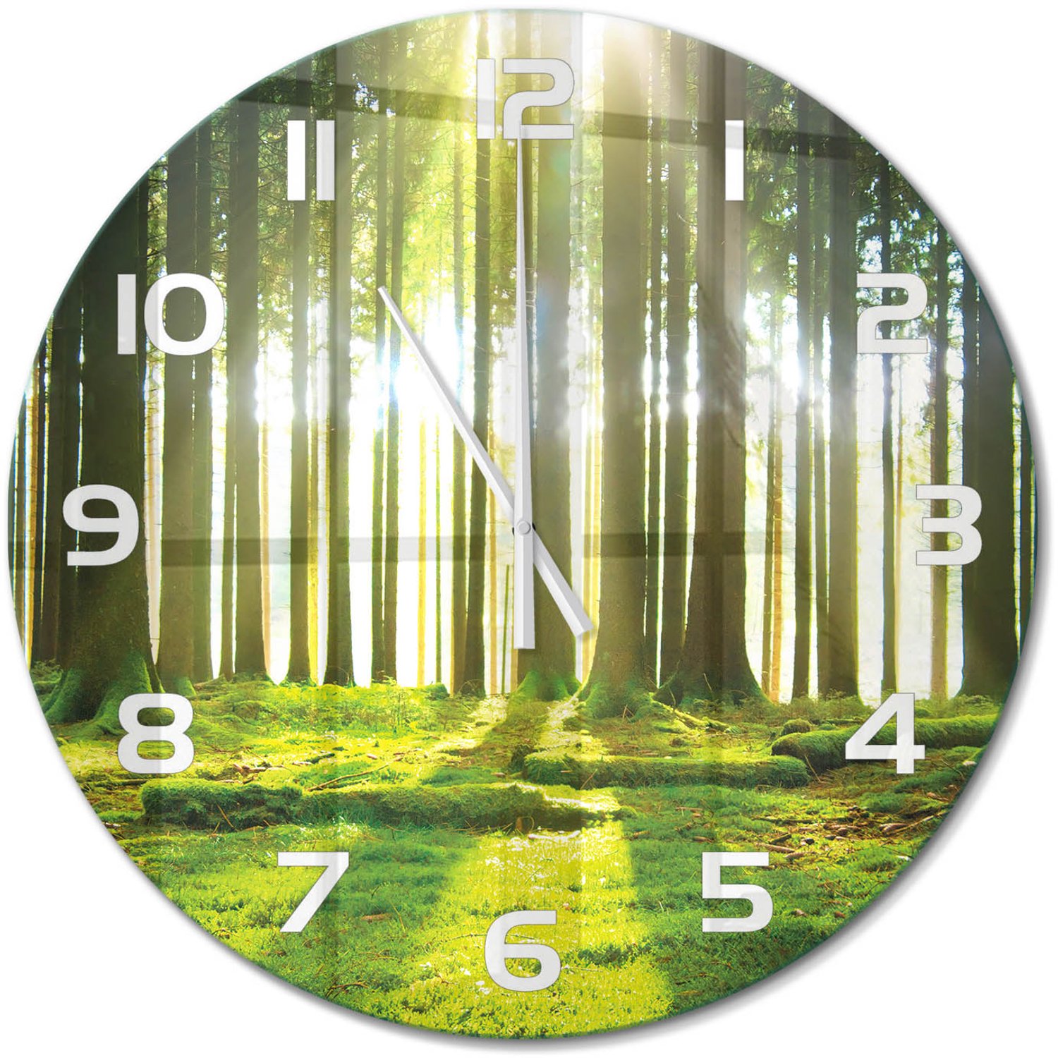 TULUP Wandklok - Bos in de zon Wandklok Glas Decoratie - fi60 cm - Groente Gekleurde Glazen Klok - Witte handen - Ronde Klok - Klok Glas Met Opdruk - Moderne Wandklok Glas