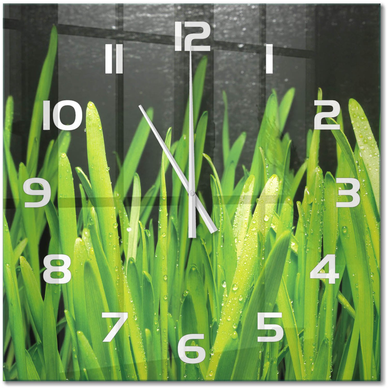 TULUP Wandklok - Gras Gekleurde Glazen Klok - 60x60 cm - Groente Glazen Klok Met Print - Witte handen - Vierkante Klok - Moderne Wandklok Glas - Wandklok Glas Decoratie