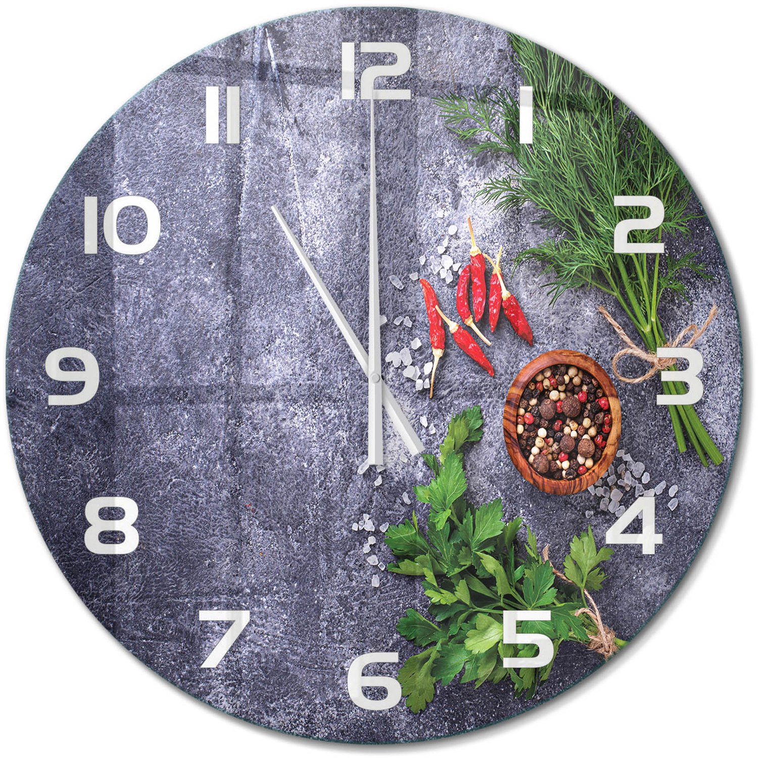 TULUP Wandklok - Kruiden en specerijen Glazen Wandklok Design - fi60 cm - Groente Klok Glas Met Opdruk - Witte handen - Ronde Klok - Wandklok Glas Met Motief - Decoratieve Glazen Klok