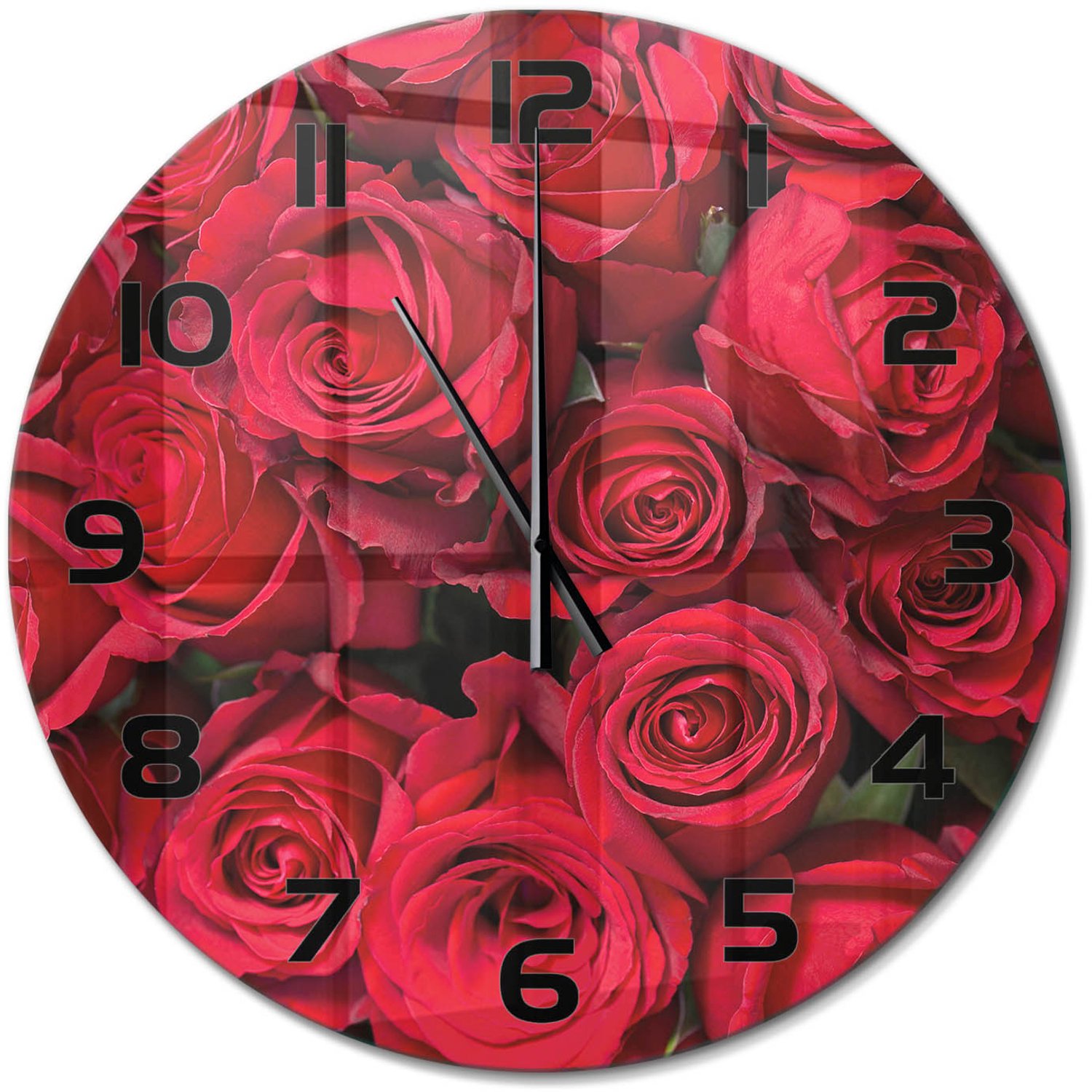 TULUP Wandklok - Rode rozen Wandklok Glas Decoratie - fi60 cm - Rood Gekleurde Glazen Klok - Zwarte handen - Ronde Klok - Klok Glas Met Opdruk - Moderne Wandklok Glas