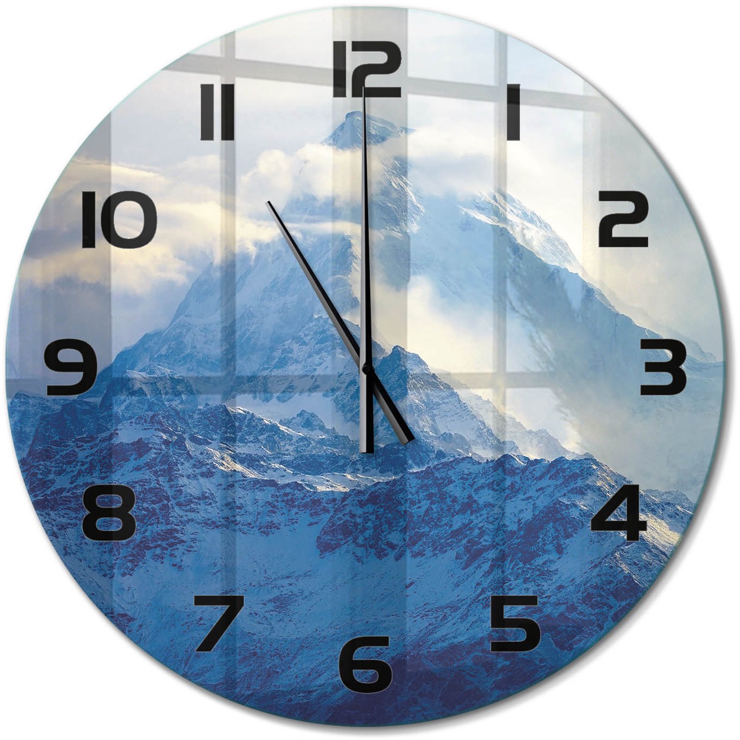 TULUP Wandklok - bergtop Klok Glas Met Opdruk - fi60 cm - Blauw Moderne Wandklok Glas - Zwarte handen - Ronde Klok - Decoratieve Glazen Klok - Glazen Wandklok Design