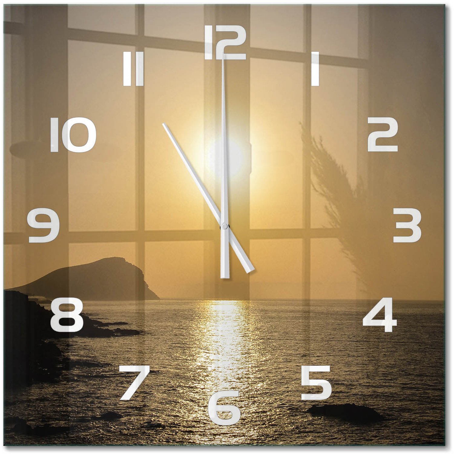 TULUP Wandklok - Zonsondergang Zee Decoratieve Glazen Klok - 60x60 cm - Geel Glazen Wandklok Design - Witte handen - Vierkante Klok - Glazen Klok Met Print - Wandklok Glas Met Motief