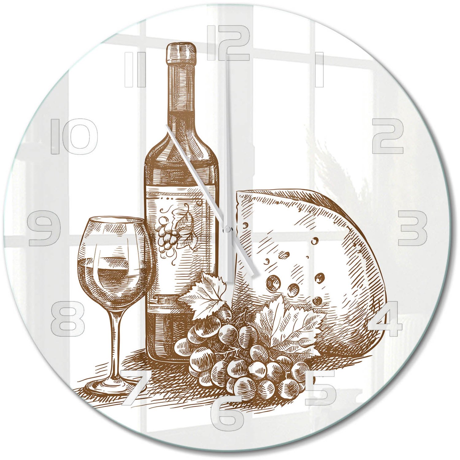 TULUP Wandklok - Wijn en hapjes Wandklok Glas Met Motief - fi60 cm - Zwart-wit Decoratieve Glazen Klok - Witte handen - Ronde Klok - Gekleurde Glazen Klok - Glazen Klok Met Print