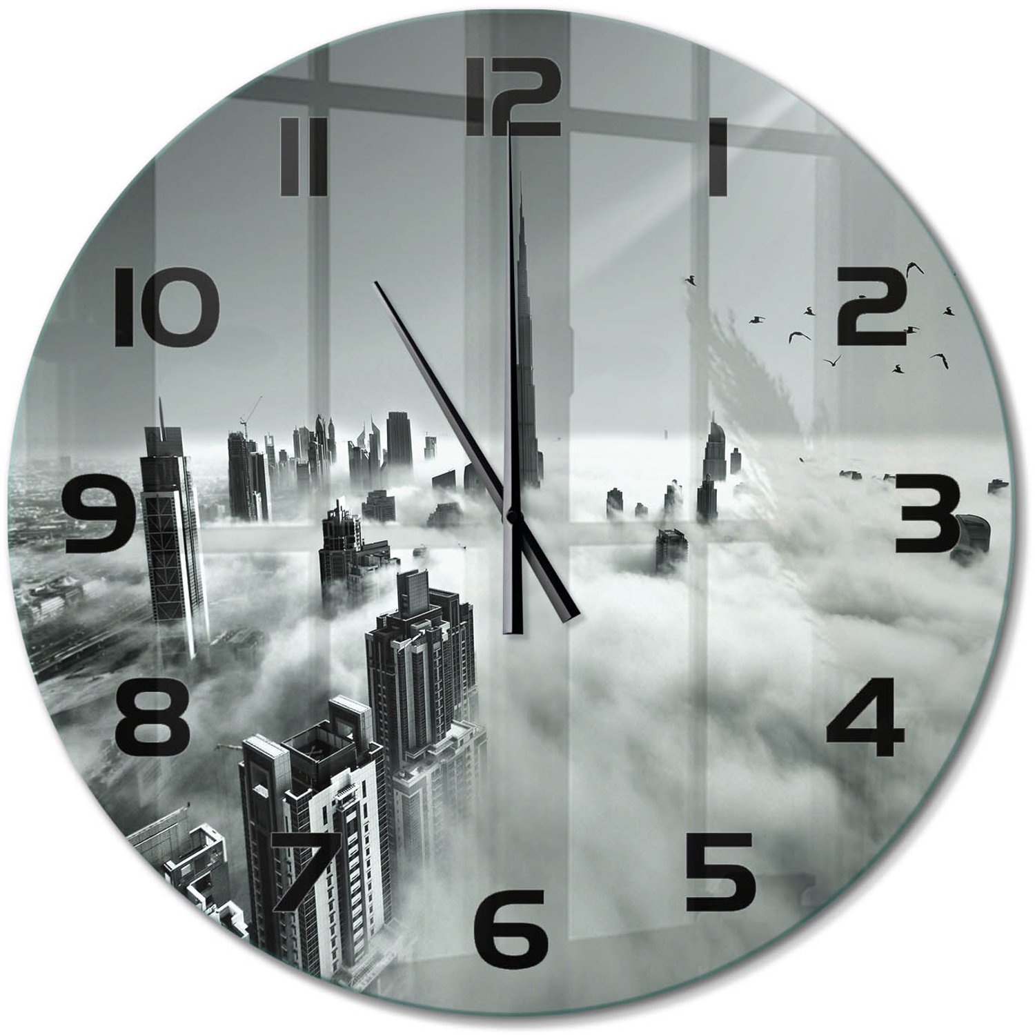 TULUP Wandklok - Mist boven Dubai Decoratieve Glazen Klok - fi60 cm - Zwart-wit Glazen Wandklok Design - Zwarte handen - Ronde Klok - Glazen Klok Met Print - Wandklok Glas Met Motief