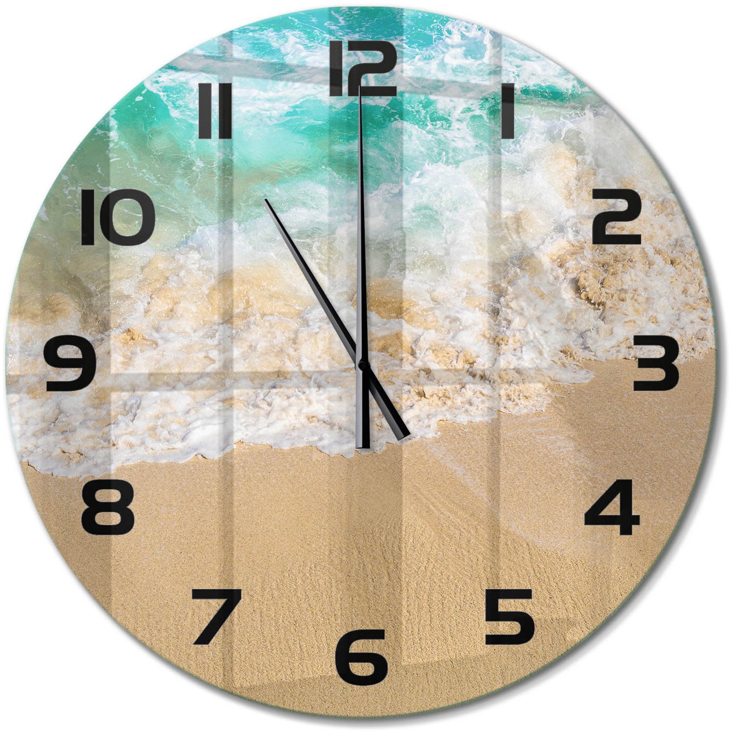 TULUP Wandklok - Strand en zee Moderne Wandklok Glas - fi60 cm - Blauw Wandklok Glas Decoratie - Zwarte handen - Ronde Klok - Glazen Wandklok Design - Klok Glas Met Opdruk