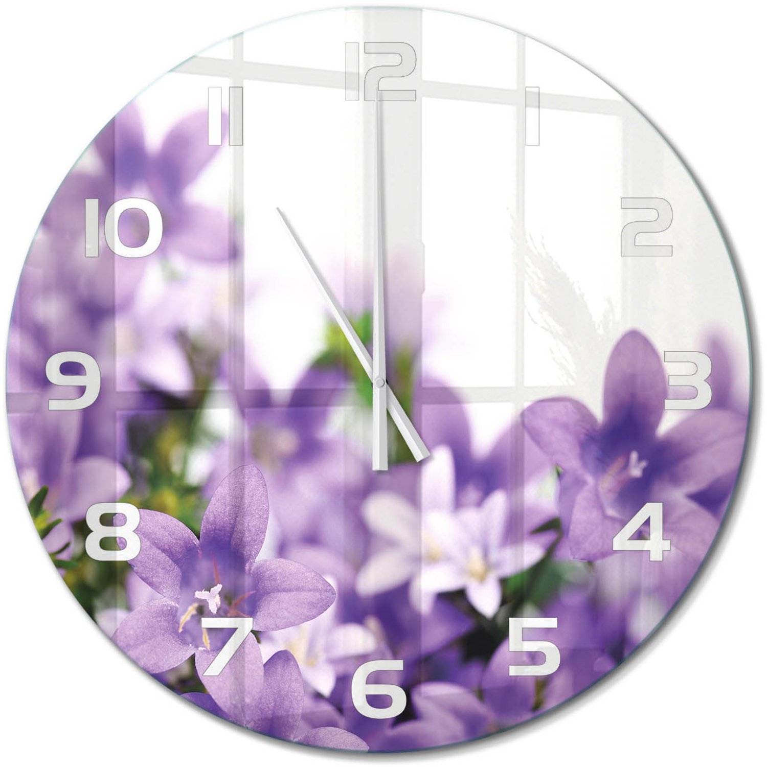 TULUP Wandklok - Paarse klokjes Decoratieve Glazen Klok - fi60 cm - Paars Glazen Wandklok Design - Witte handen - Ronde Klok - Glazen Klok Met Print - Wandklok Glas Met Motief