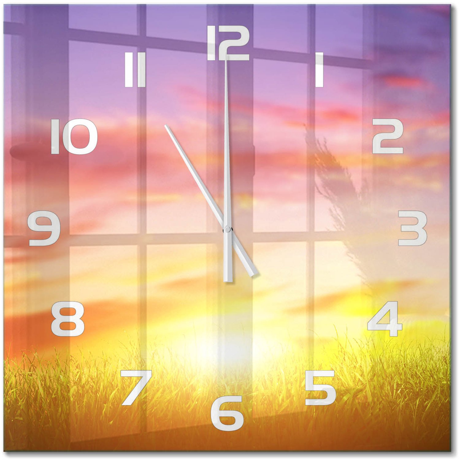 TULUP Wandklok - Zonsondergang Wandklok Glas Met Motief - 60x60 cm - Veelkleurig Decoratieve Glazen Klok - Witte handen - Vierkante Klok - Gekleurde Glazen Klok - Glazen Klok Met Print