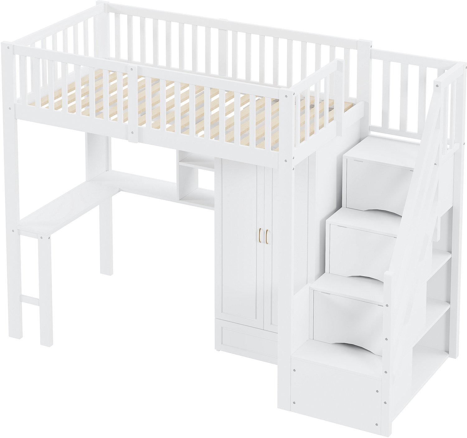 MUVANO Hoogslaper 90x200 met bureau en kledingkast - witte houten hoogslaper met opbergtrap, lades en opbergrek voor een ruimtebesparende slaapkamer