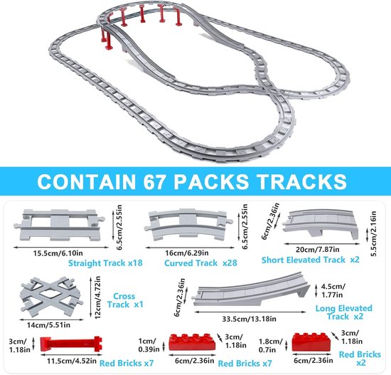 67-delig bouwstenen treinrails set, compatibel met marktleider, veranderbare treinbaan, rechte en gebogen rails — afbeelding 2