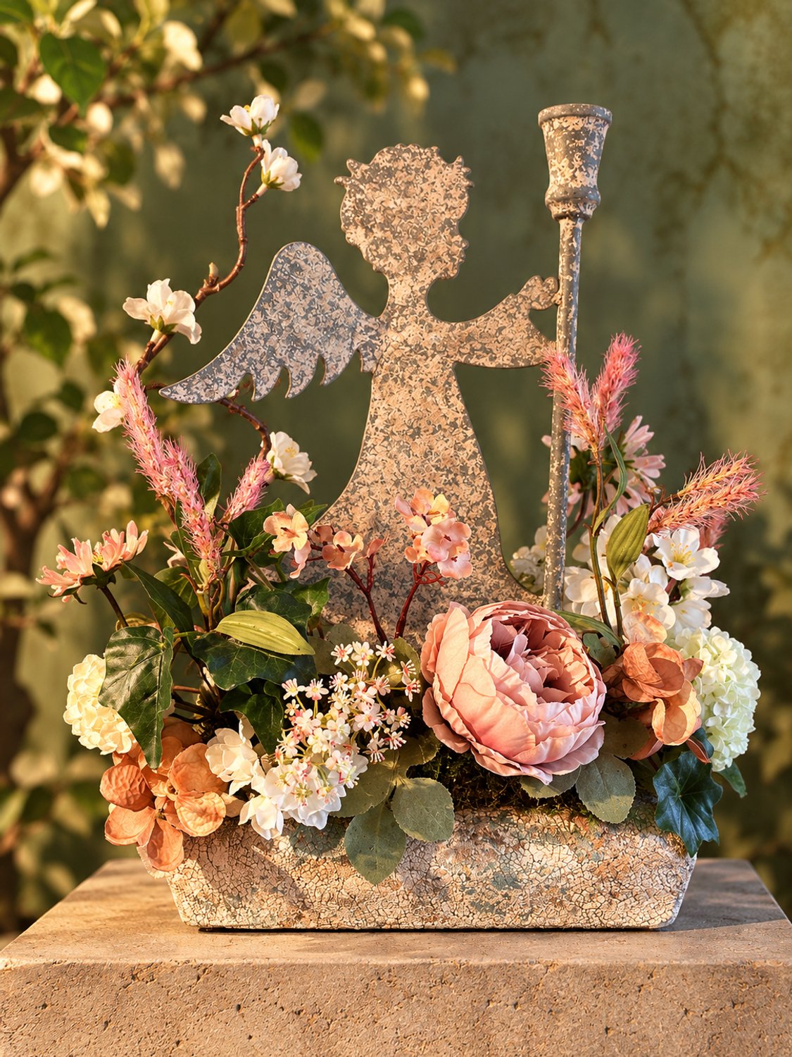 Seta Fiori Grafstuk- Engel van Vrede 45 cm - een Engel omringd door Kunstbloemen - Handgemaakt in Nederland lila, groen, poeder roze