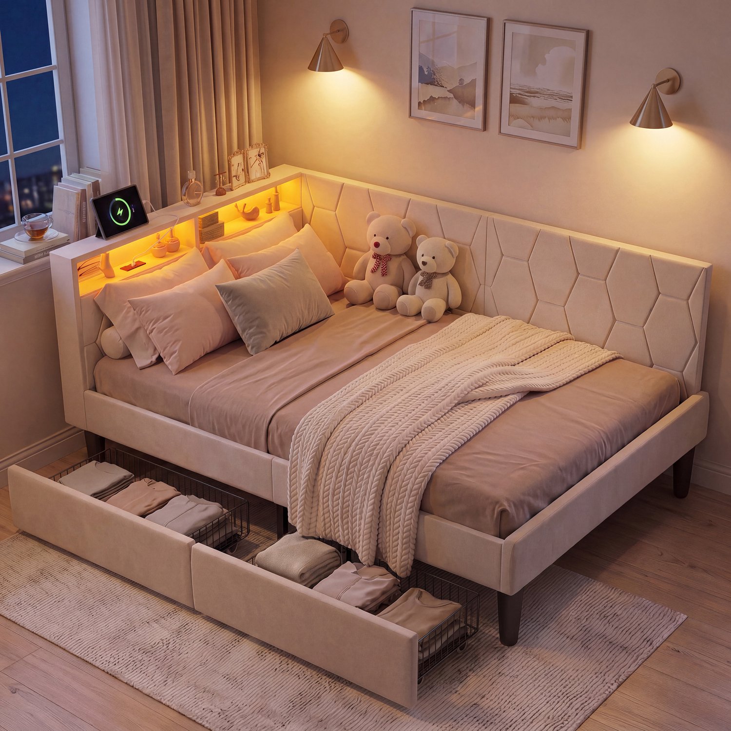 Yelenaro Slaapbank 90x200 cm met twee lades, Gestoffeerd dagbed met LED en USB, Slaapbank met opbergruimte, Drie montagemogelijkheden, Beige fluweel, exclusief matras