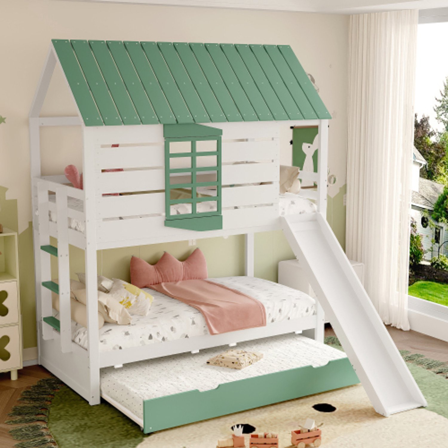 Zubaliya Kinderbed, 90X200 Huis-stapelbed met glijbaan en uitschuifbed, Wit+Groen