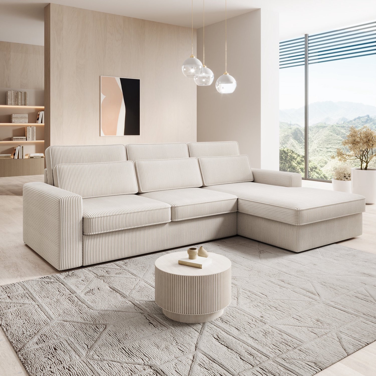 MEUBELLA Montore - Hoekbank 3-zits - Ribstof beige - Rechts