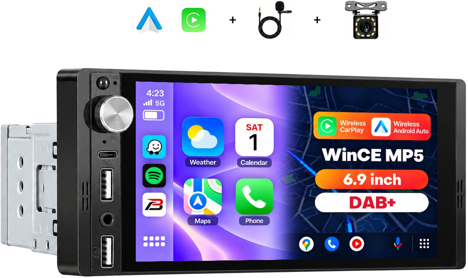 Boscer 1 Din Autoradio met Ingebouwde DAB+ - Draadloos Apple CarPlay & Android Auto - 6.9 Inch Scherm - Bluetooth, FM/AM Radio (RDS) - USB & USB-C - ISO Universeel - Achteruitrijcamera & Microfoon