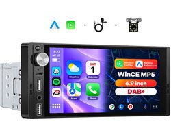 Autoradio Boscer 1 Din avec DAB+ intégré - Apple CarPlay & Android Auto sans fil - Écran 6,9 pouces - Bluetooth, Radio FM/AM (RDS) - USB & USB-C - ISO Universel - Caméra de recul & Microphone