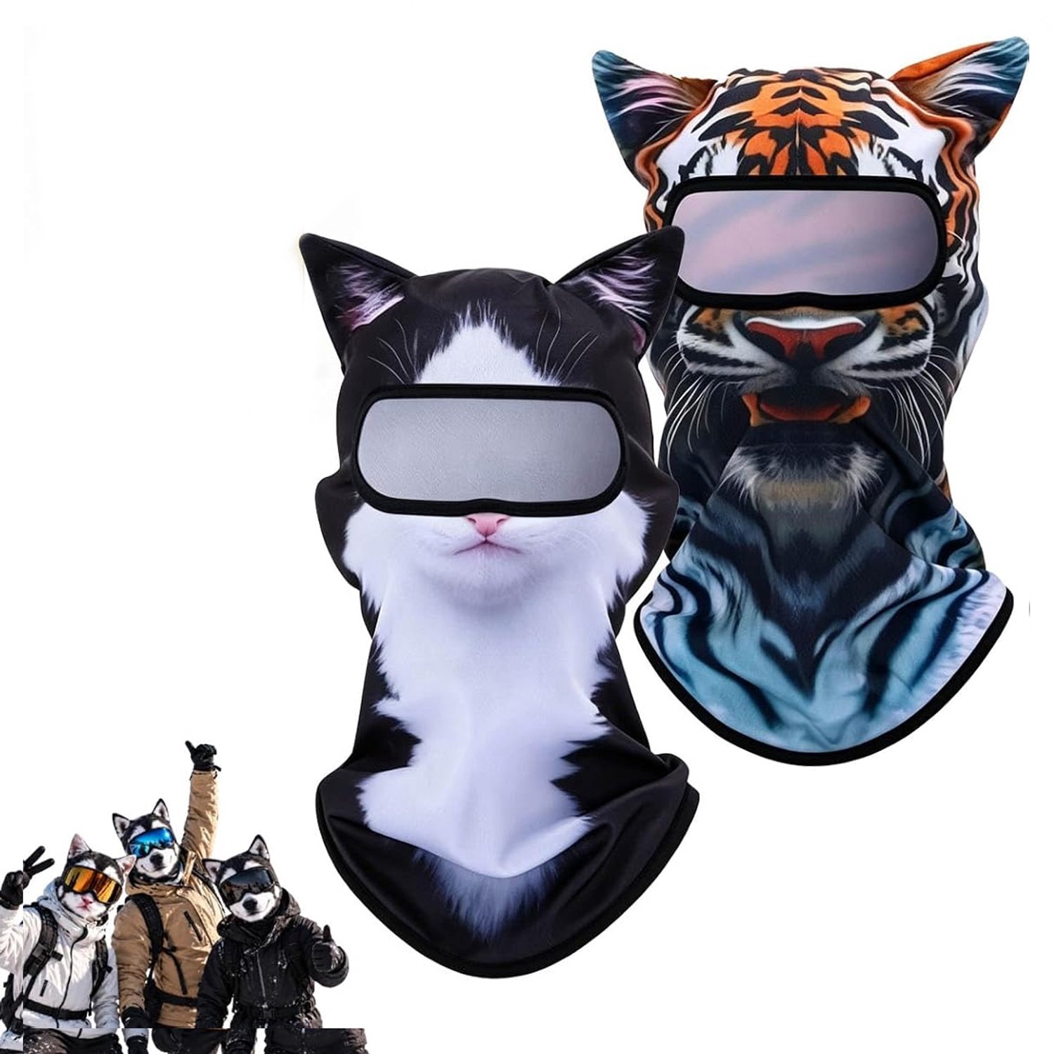 Stijl-E 2 Stuks Dieren Ski Gezichtsmasker Grappige 3D Kat & Hond met Oren Winddicht Winter Hoofdmasker met Volledige Gezicht & Nek Bedekking Unisex Eén voor Volwassenen Geschikt voor Snowboarden Buitensport Halloween Feesten Cyslmuk® Stijl-a