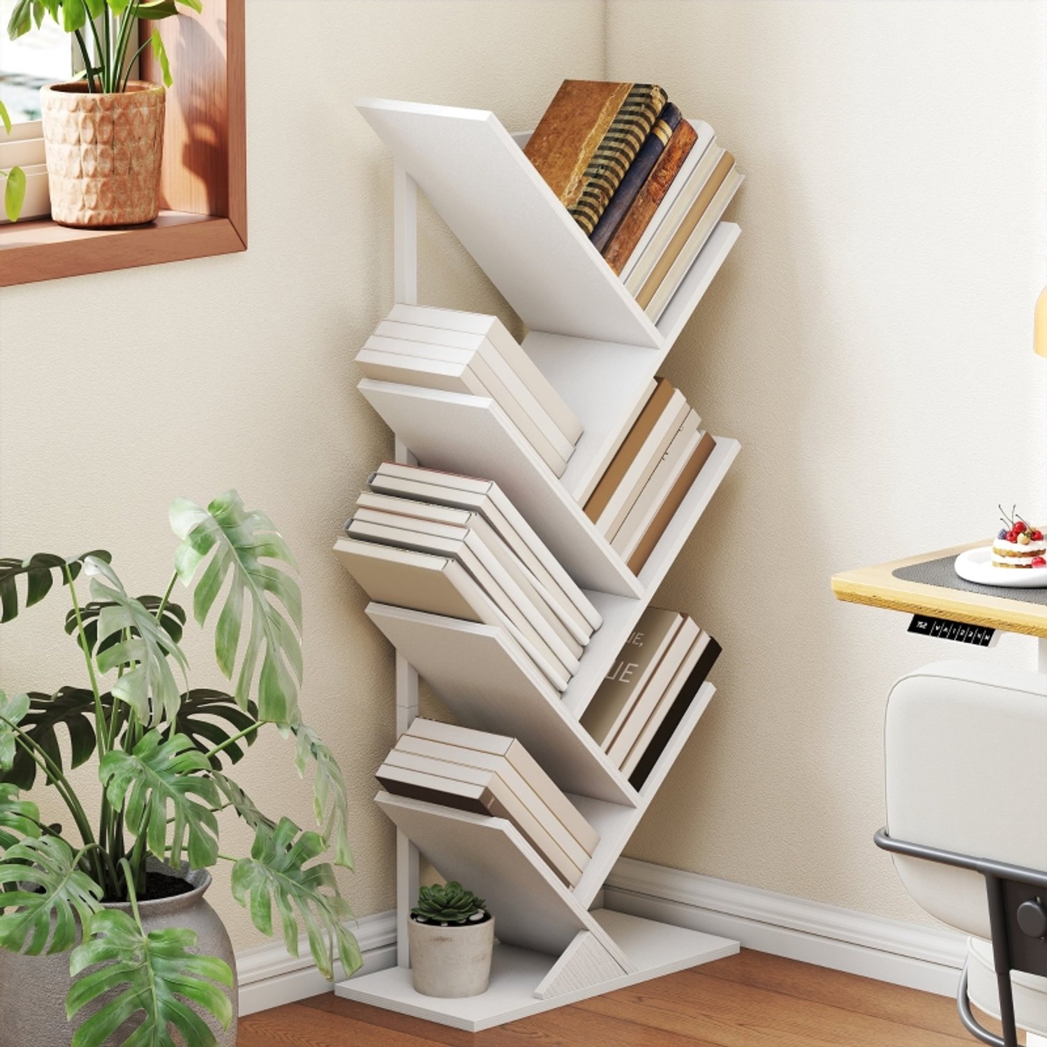 MODFU Boekenkast - 7 Planken - Boomvorm - Industrieel - Wit - 50 X 24 X 109 Cm