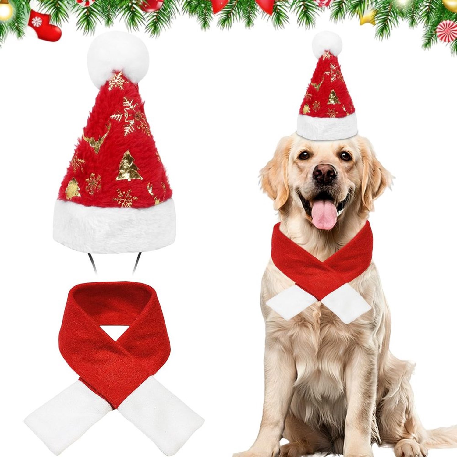 Set van 2 Kerstkostuums voor Honden en Katten - Inclusief Hoed en Sjaal - Rood