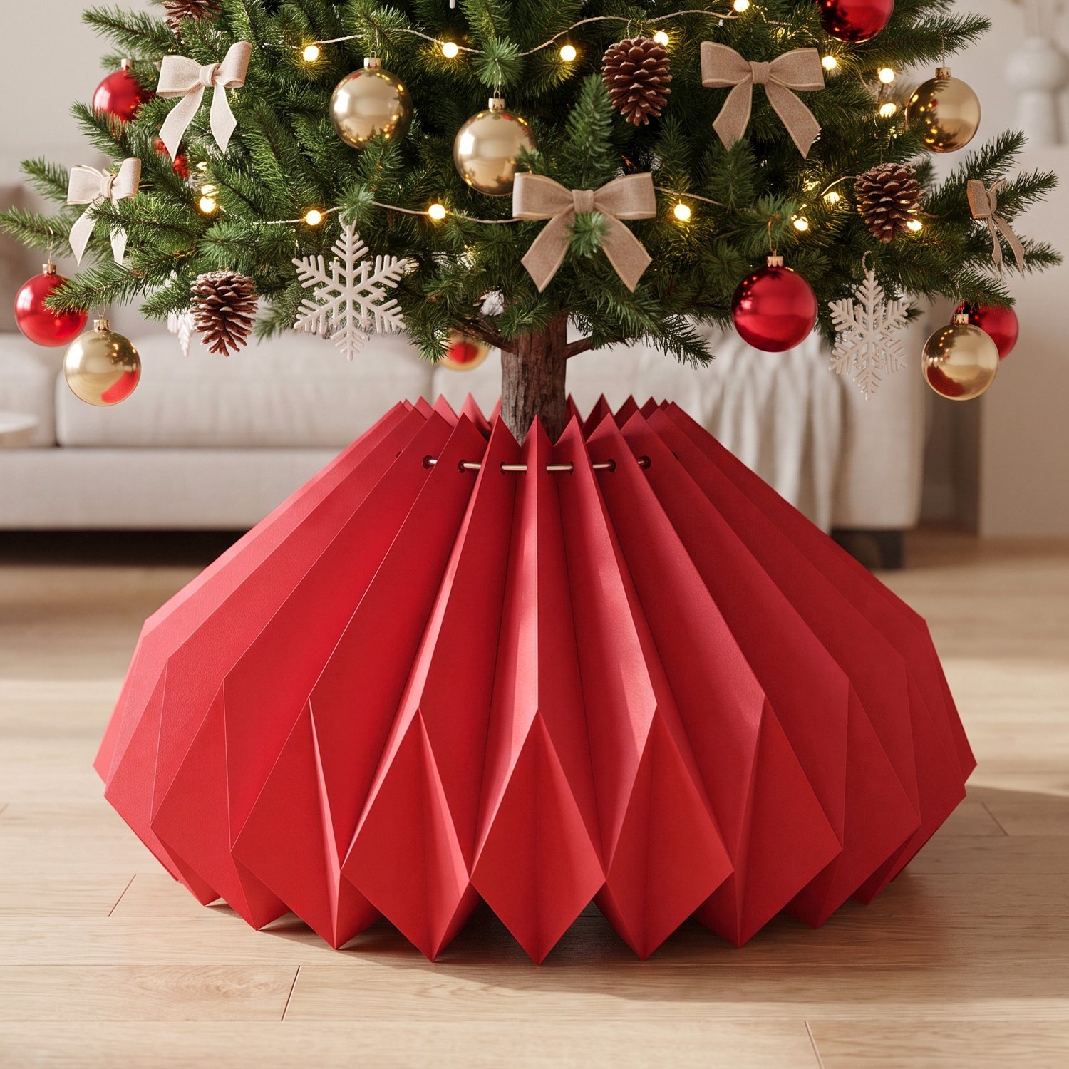 Soontrans Kerstboomrok van Karton, Opvouwbare Kerstboomkraag met 3D Honingraatstructuur, Kerstboomdecoratie voor een Feestelijke Kerstsfeer, Decoratieve Kerstboomvoet voor Kerstdecoratie, Model B, Rood