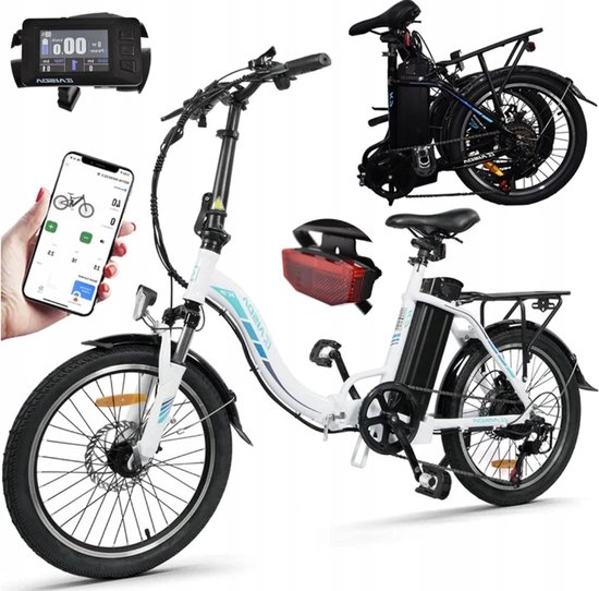 Witte vouwfiets met een smartphone en een LCD-scherm, met vouwinstructies.