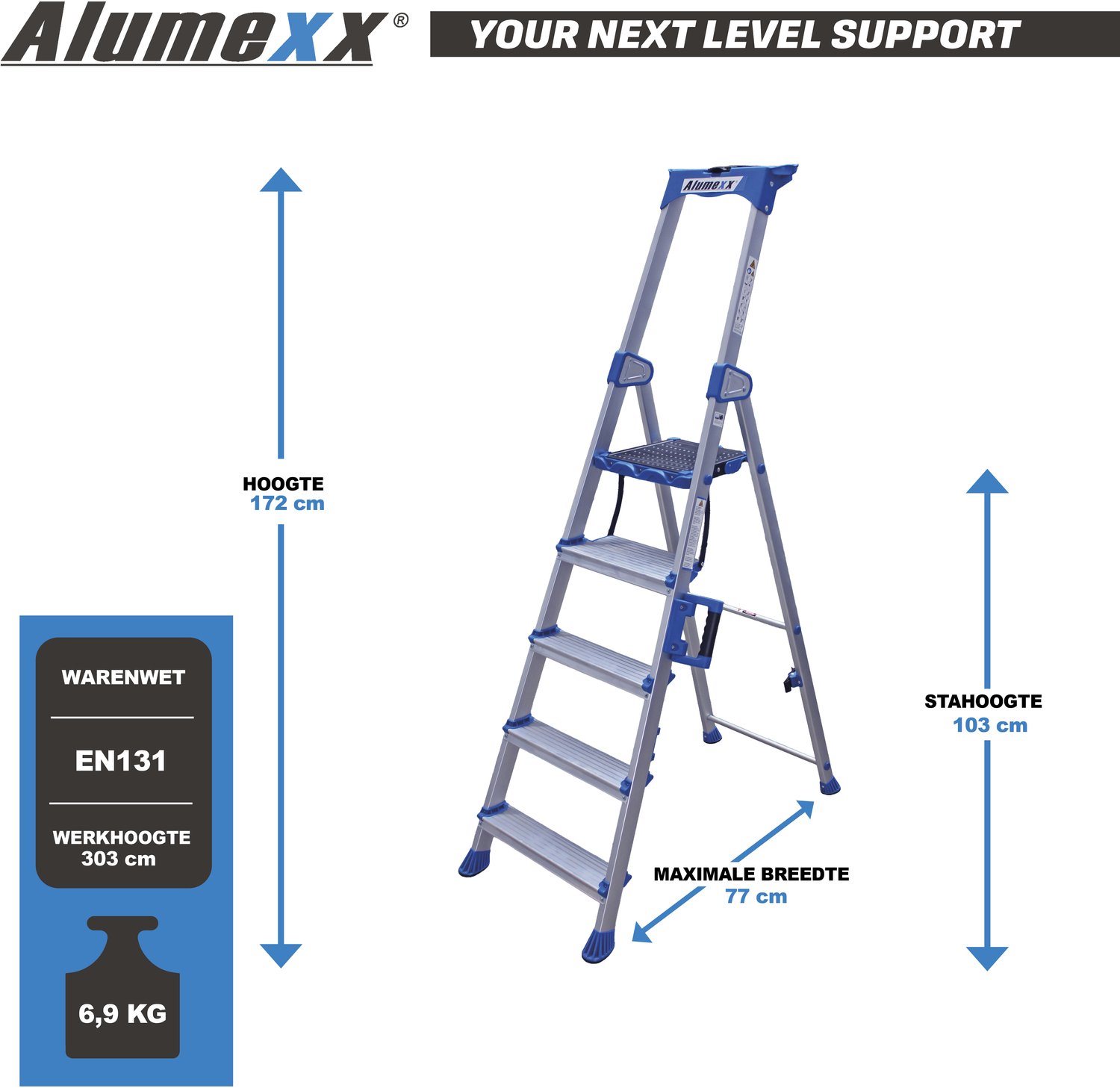 Alumexx Twin-Deck - Huishoudtrap 5 treden - Keukentrap - Inklapbaar - 3.0m werkhoogte