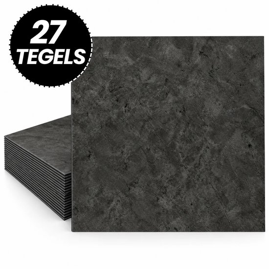 Stapel donkergrijze, vierkante tegels met textuur. Label: 27 Tegels.