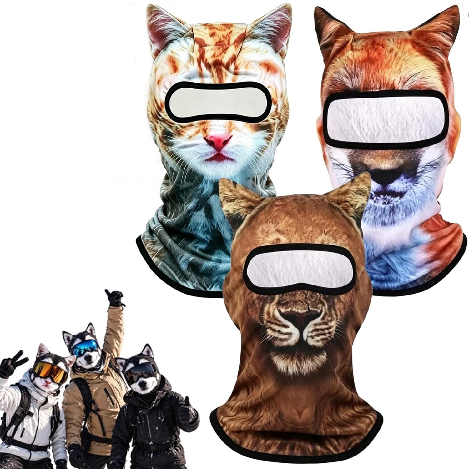 Stijl-B 3 Stuks Dieren Ski Gezichtsmasker Grappige 3D Kat & Hond met Oren Winddicht Winter Hoofdmasker met Volledige Gezicht & Nek Bedekking Unisex Eén voor Volwassenen Geschikt voor Snowboarden Buitensport Halloween Feesten Cyslmuk® Stijl-a