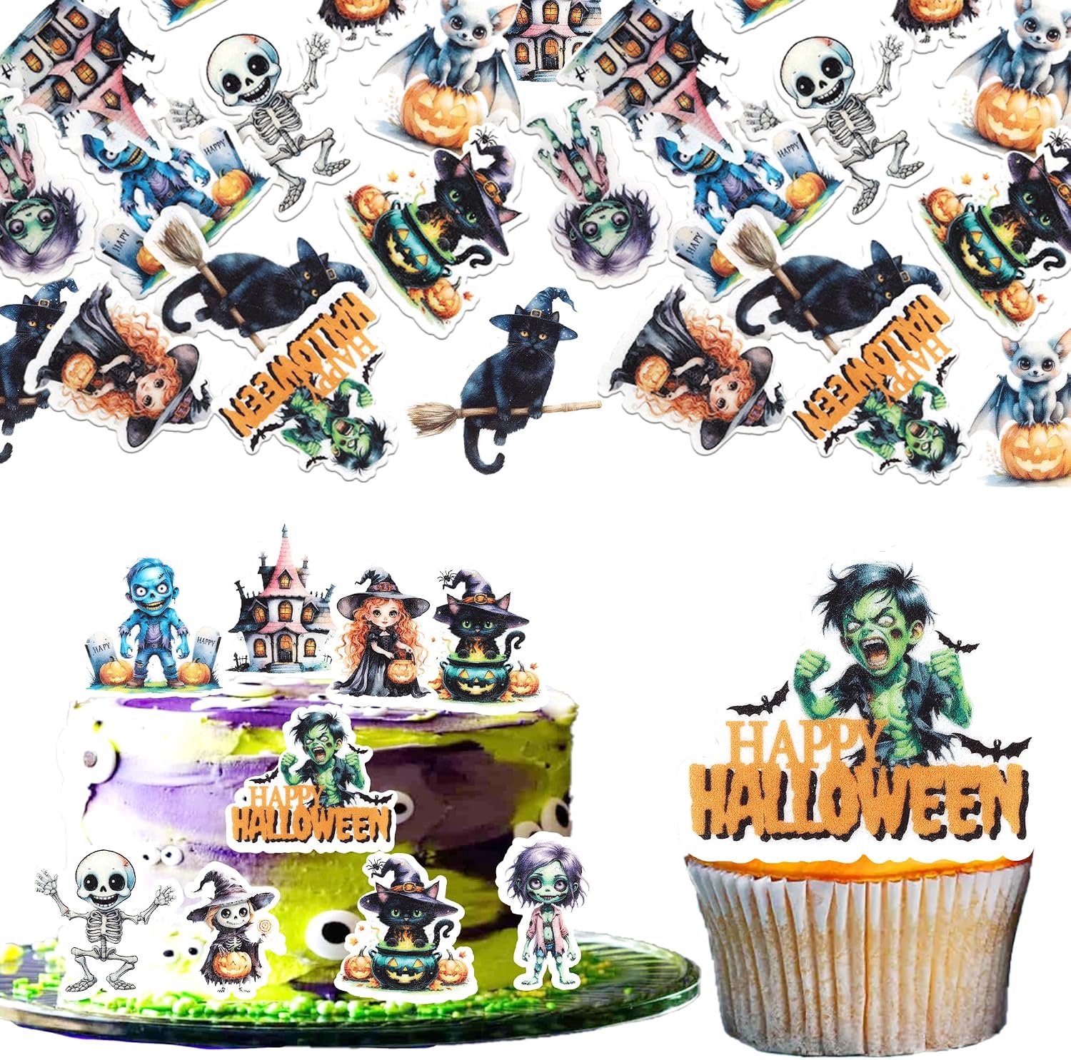 60 eetbare Halloween cupcake-toppers van wafelpapier: heks, pompoen, zwarte kat, kasteel, grafsteen, doodshoofd, voor een horrorfeest
