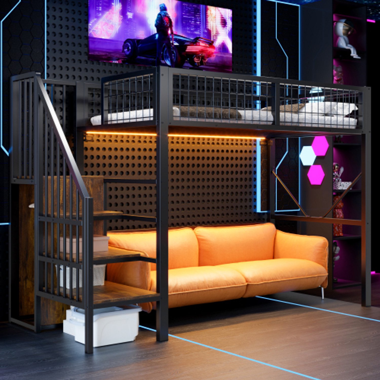 OOIILLEE Metalen hoogslaper 90 x 200 cm, bedframe inclusief ladder en opbergruimte, LED-verlichting, veiligheidshek van metaalgaas. Zwart