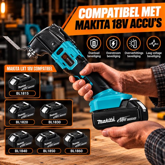 Instava multitool compatibel met Makita 18V LXT-accu's, met ingebouwde overbelastings- en overhittingsbeveiliging.