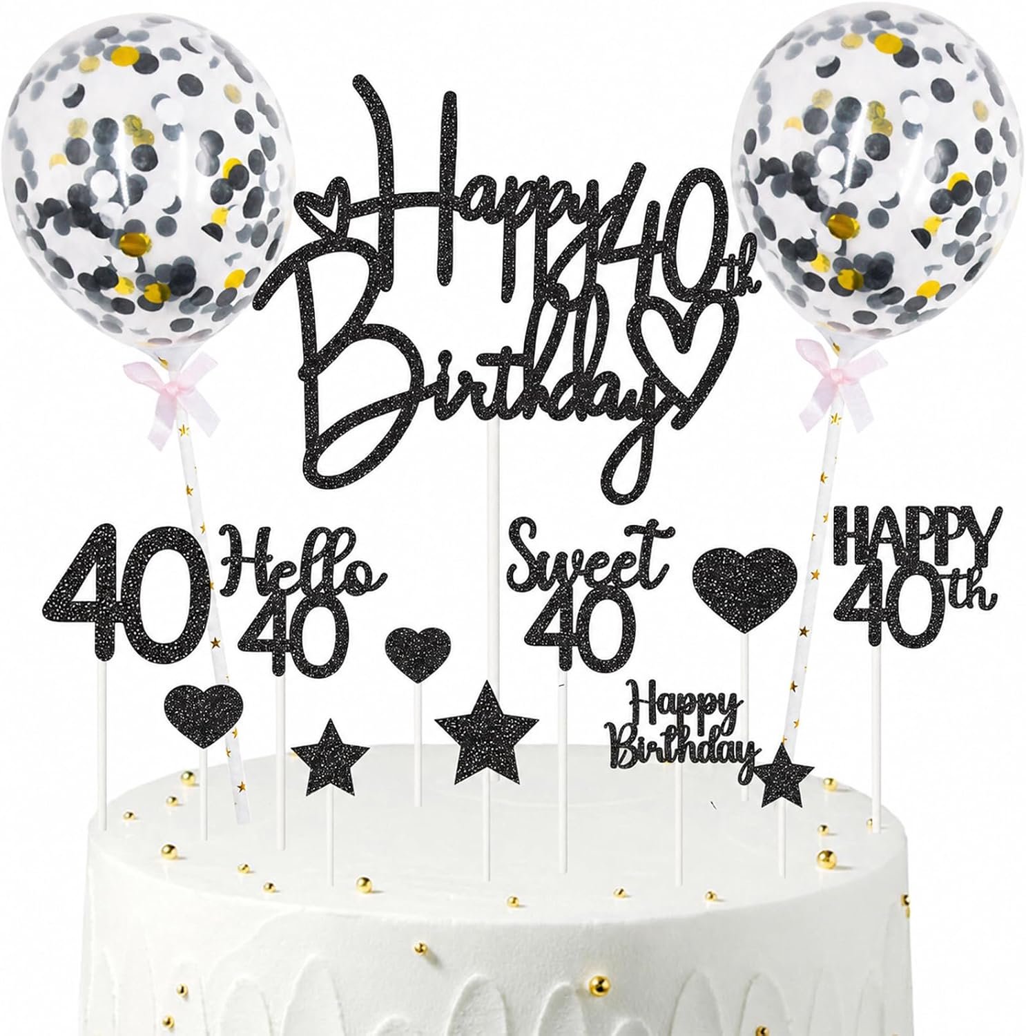 40e verjaardag taartdecoratie, 14 stuks, glitter zwart