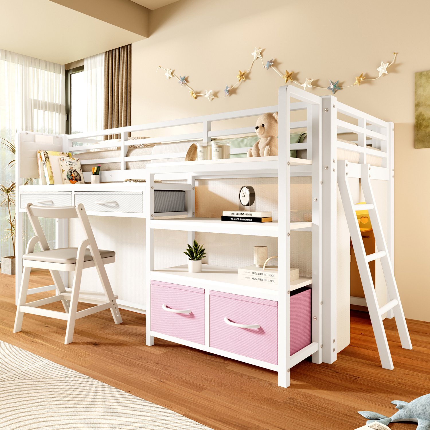 STILVORA Hoogslaper 90 x 200 cm – Met Bureau, Opbergruimte En Stoffen Lades – Gordijn En Ledverlichting – Metaal – Wit – Zonder Matras