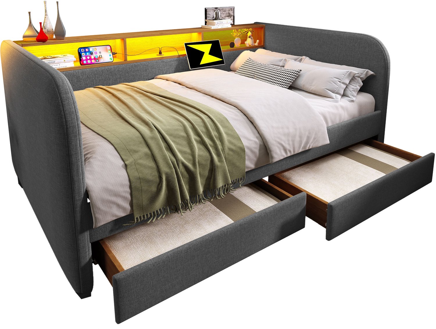 Welltin Gestoffeerd bed 140x190 cm - grijs linnen bed met ledverlichting, USB-C laadpoorten en twee opberglades – voor slaapkamer – 153x196x65 cm