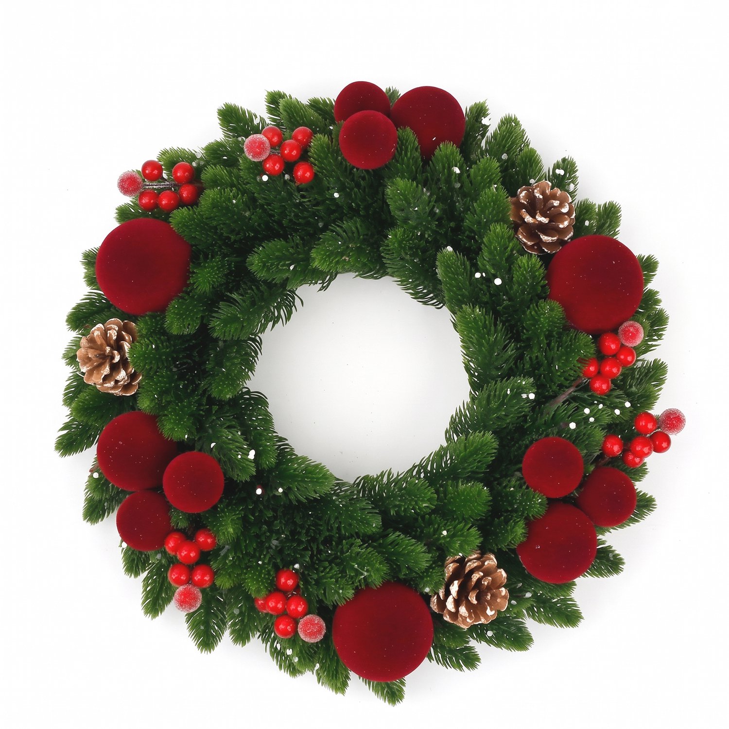 Luxe Kerstkrans met Bordeauxrode Fluwelen Ballen & Dennenappels - Prachtige Kunstkerstkrans van Premium PE Materiaal - Weelderige Kerstdecoratie voor Binnen & Buiten - Perfecte Deurkrans of Tafelkrans - 45 cm - Groen/Rood