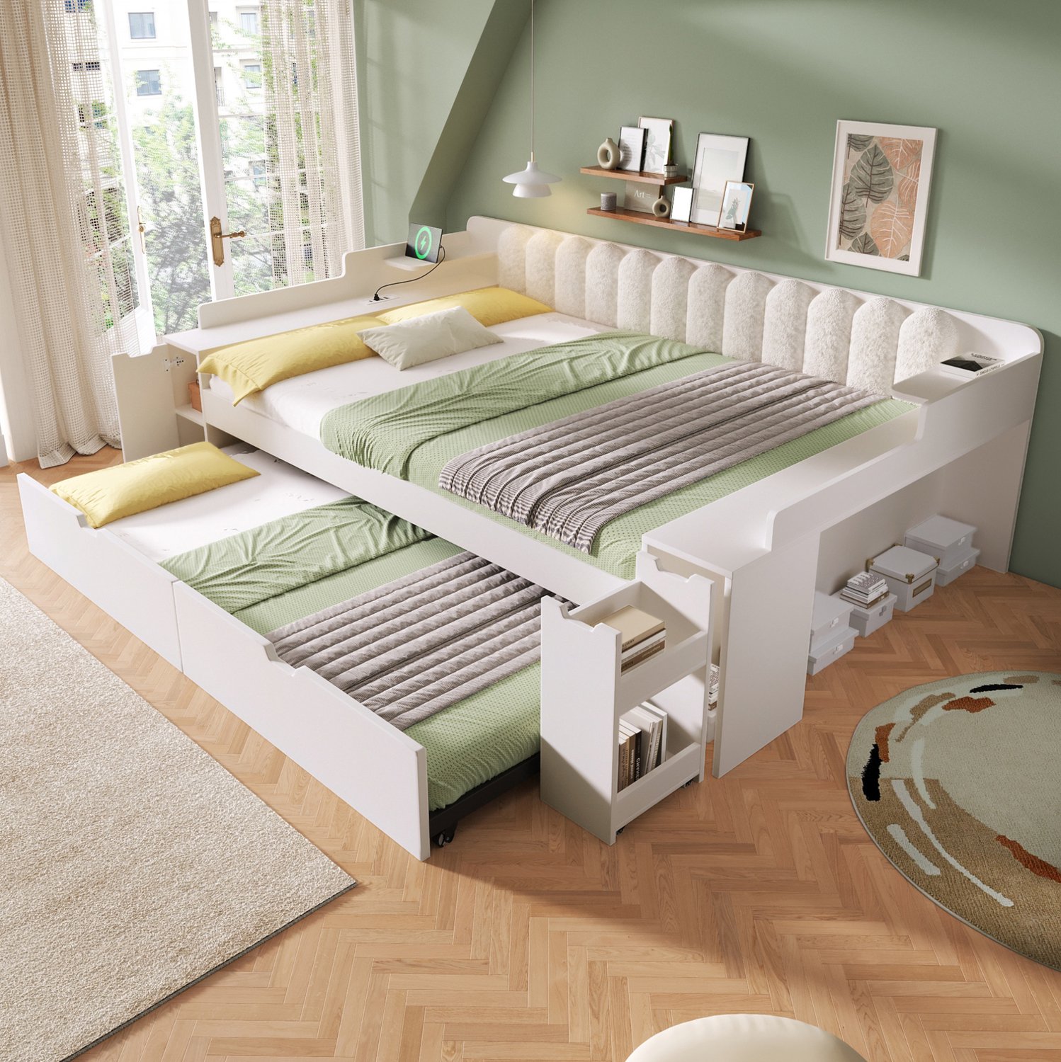STILVORA Bedbank 140 x 190 cm – Uitschuifbed Met Laadstation – Opbergruimte En Metalen Lattenbodem – MDF En Sherpa – Wit – Zonder Matras