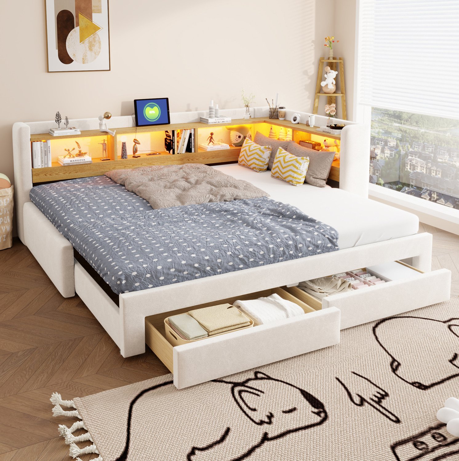 STILVORA Slaapbank 90x200 cm – Uitschuifbaar Tot 180x200 cm – Lades, Ledverlichting En Stopcontact – Stoffering – Beige – Zonder Matras