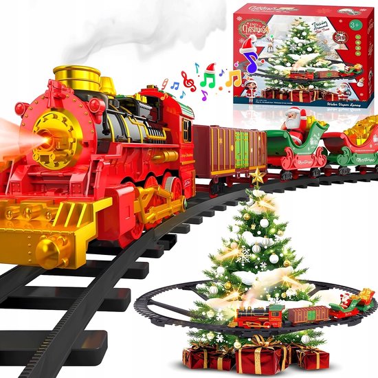 Rode kersttrein op rails met rokend effect en licht, met 3 rijtuigen inclusief de Kerstman.