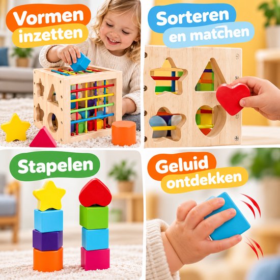 BOTC Houten Vormenstoof - Montessori Sorteerkubus met 8 Rammelende Vormen - Sensorisch Speelgoed voor Kinderen vanaf 1 Jaar - Kleurrijk — afbeelding 3